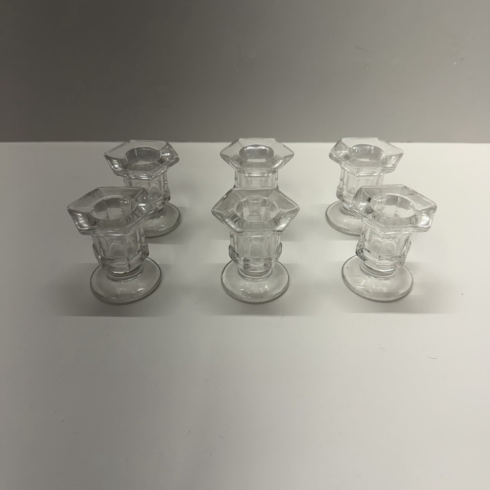Set of 6 Vintage Clear Glass Taper Candlestick Holders Hexagon Base Geometric